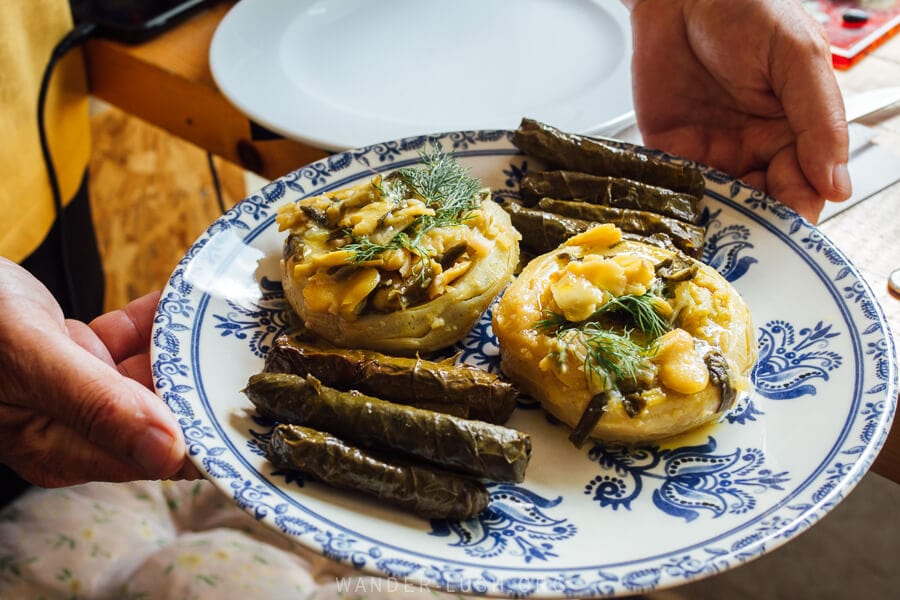 A plate of Turkish cuisine, Sarma and artichokes, at Hatice Anne Ev Yemekleri restaurant.