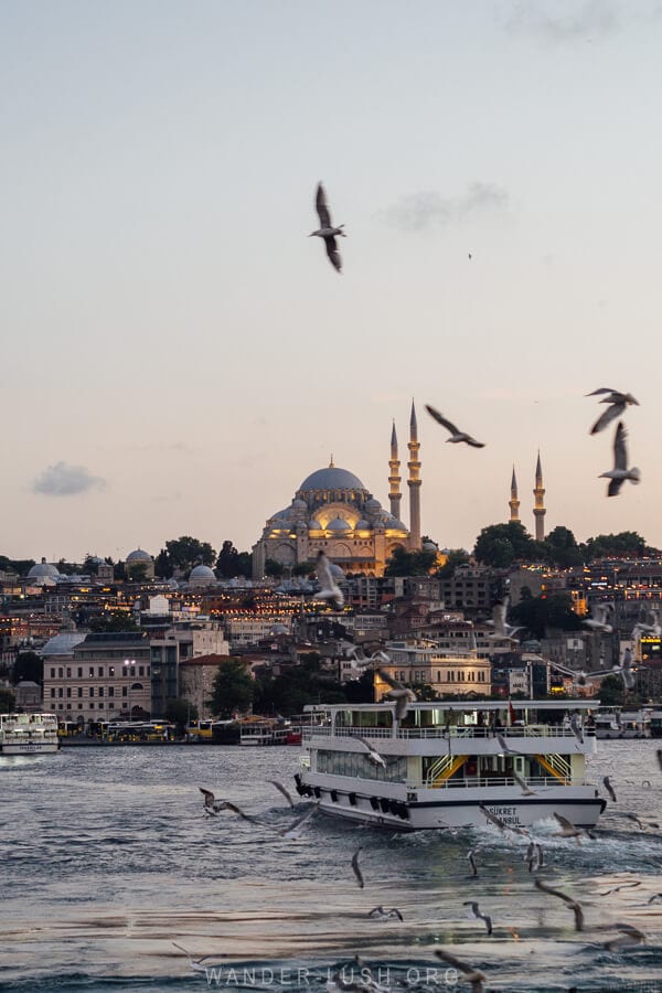 A ferry on the Bosphorus at sunset in Istanbul.