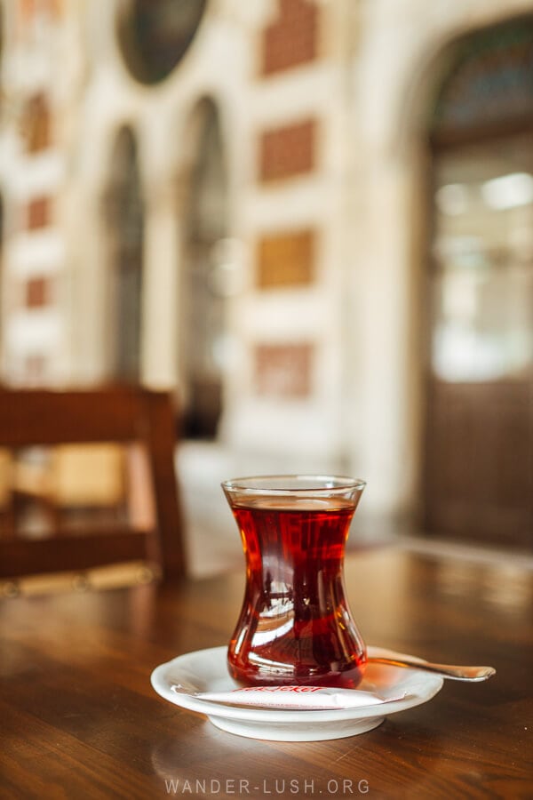 A cup of Turkish tea on a cafe table at the Orient Express Restaurant in Istanbul.
