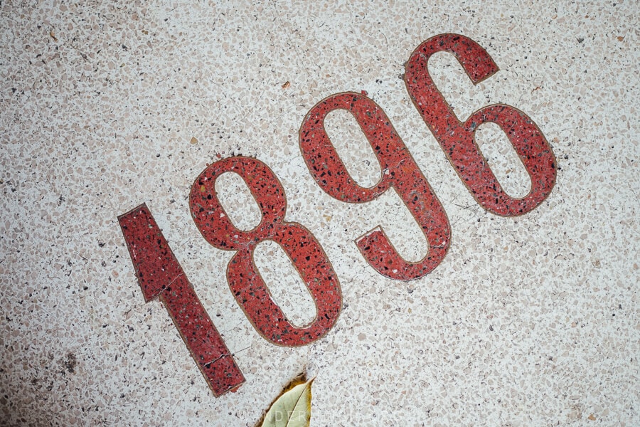 A terrazzo floor reads 1896, the year Wine Factory N1 in Tbilisi was built.