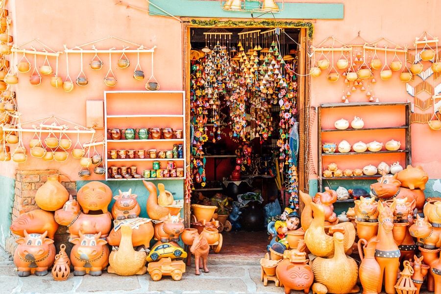 Clay products for sale at a souvenir shop in Raquira.