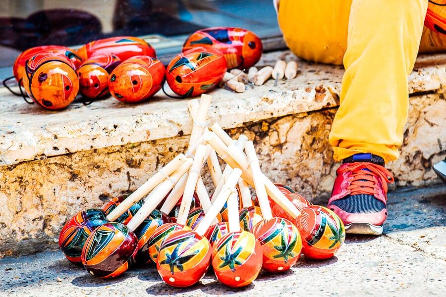 Handmade maracas for sale in Cartagena, Colombia.