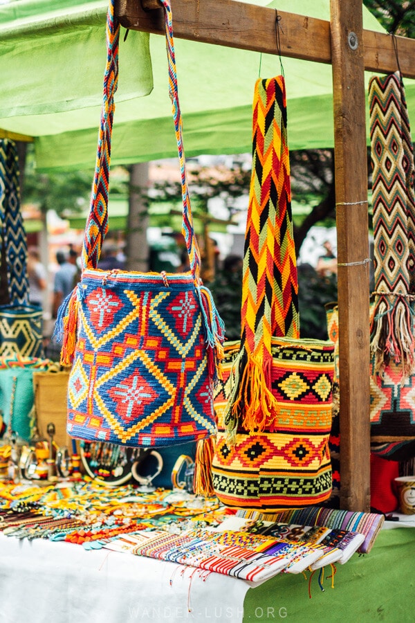 Colourful Wayuu Mochila bags at a market in Medellin, Colombia.