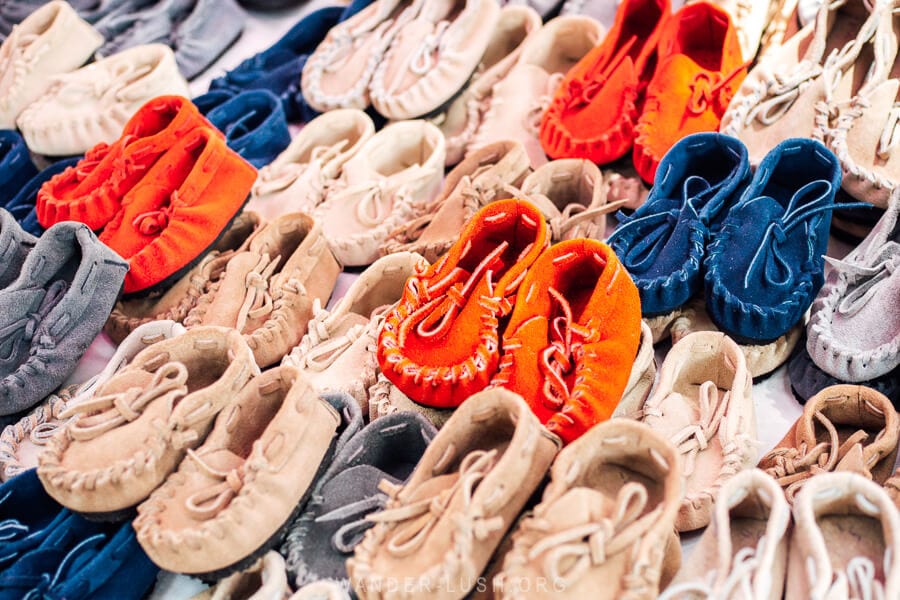 Suede shoes for kids at the San Alejo Market in Medellin.