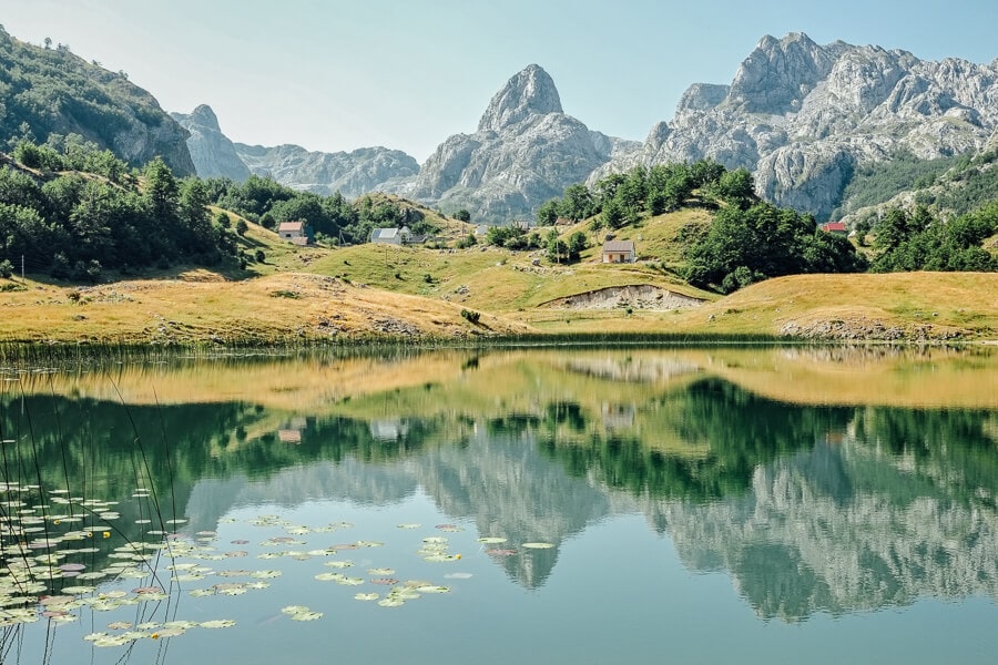 Bukumirsko Lake, a glacial lake in Montenegro, and the stunning Komovi mountains.