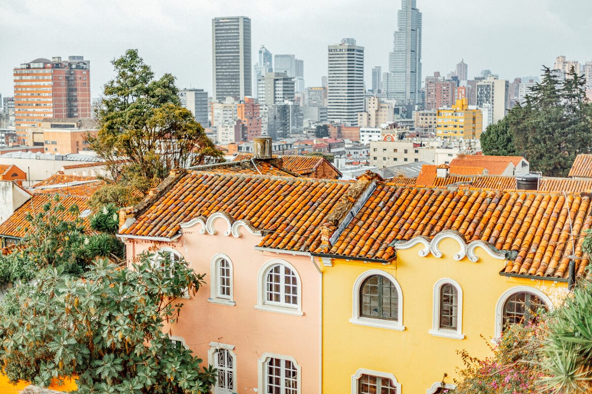 View of the city of Bogota, Colombia, with beautiful colonial buildings in the foreground.