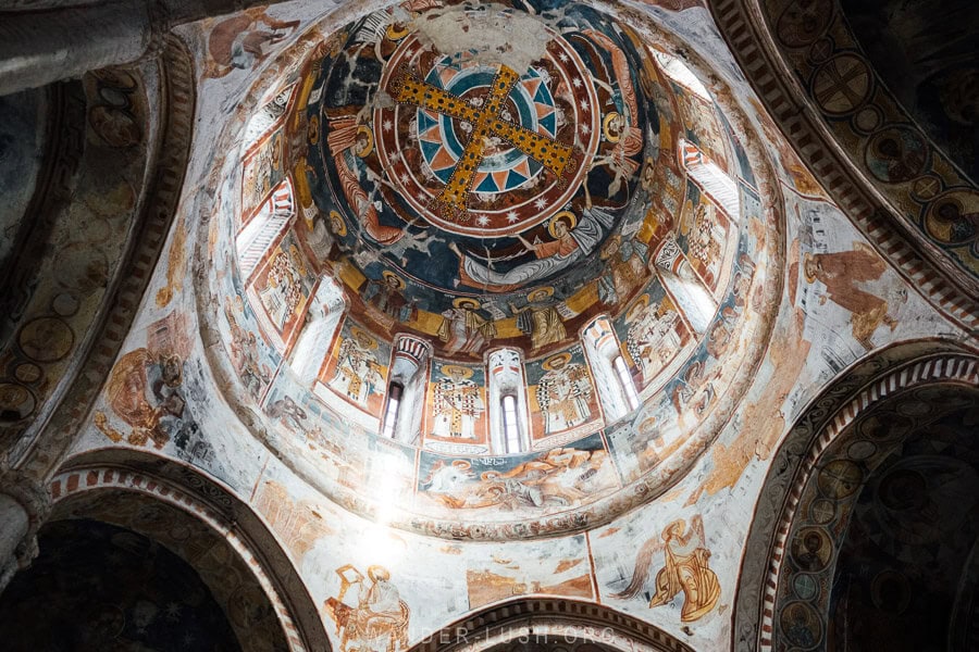 Looking up at a beautiful church dome at Nikortsminda Cathedral in Georgia.