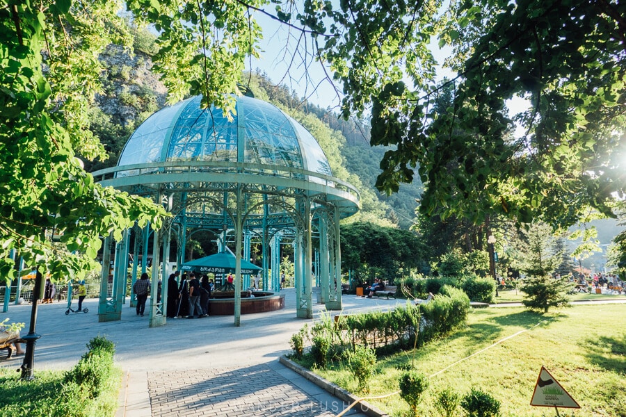 A domed glass mineral water fountain in Borjomi Central Park.