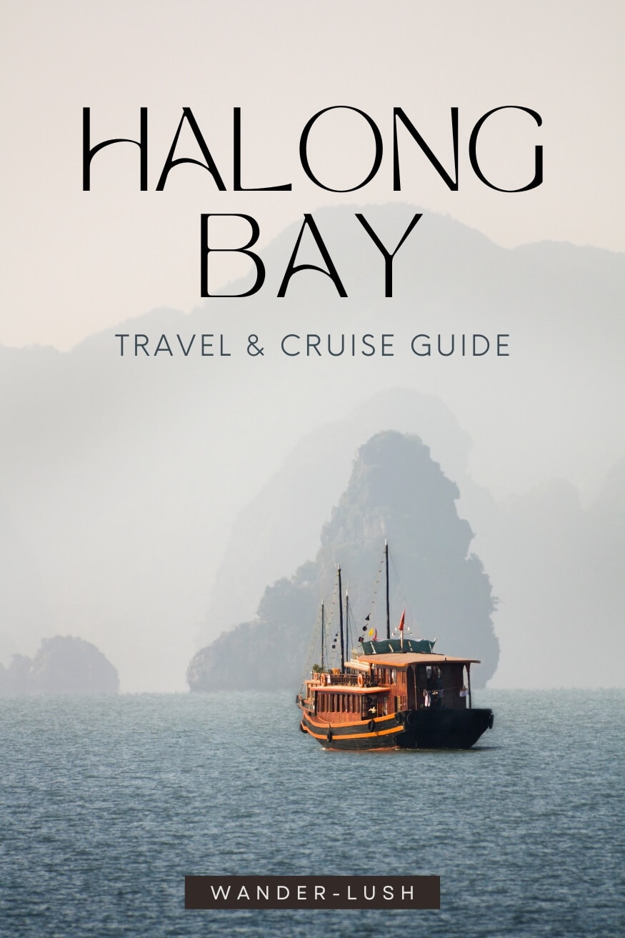 Hanoi to Ha Long Bay travel guide graphic, with a junk boat and karst rock formations on the horizon.
