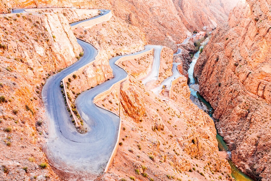 A serpentine Zig Zag Road winds its way through the Dades Gorges in Morocco.