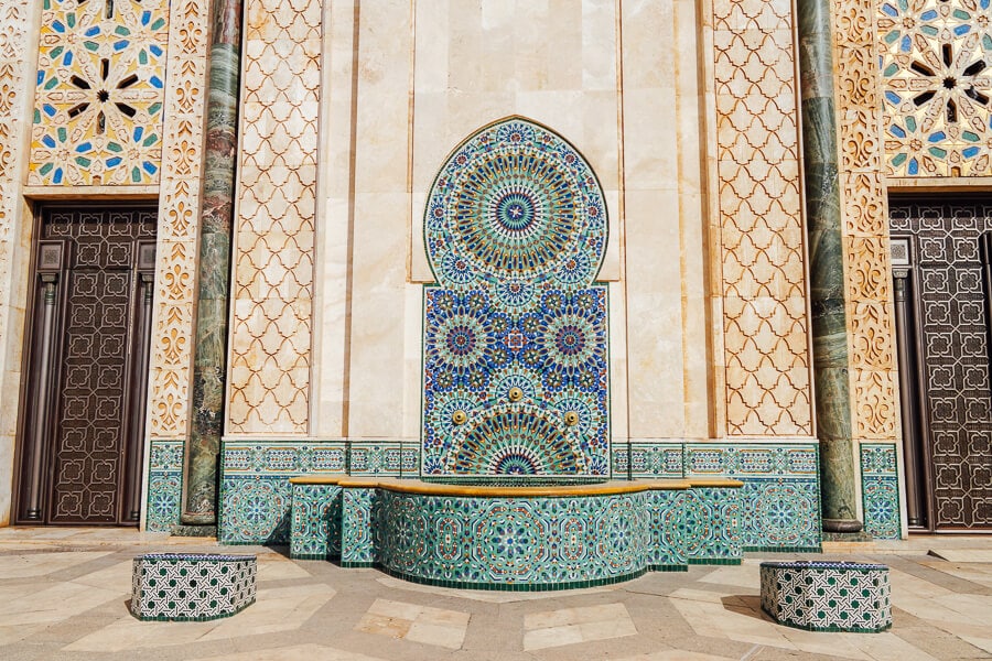 An ornate mosaic fountain inside the Hassan II Mosque in Casablanca.