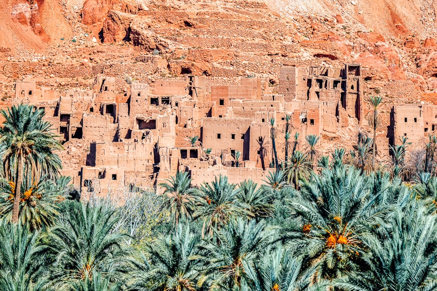 An ancient city, Tinghir, framed by green palm trees in the Todra Valley.