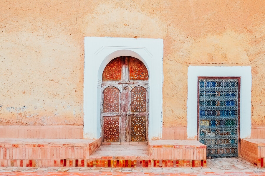 Two ornately decorated doors in Marrakesh, Morocco.