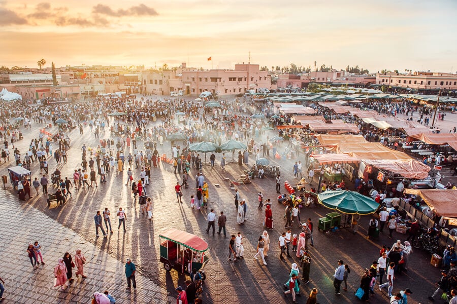 Sunset over the Jemaa el-Fnaa Square in Marrakesh, Morocco.