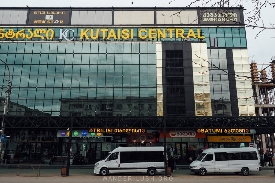 Marshrutka vans parked at Kutaisi Central Bus Station.