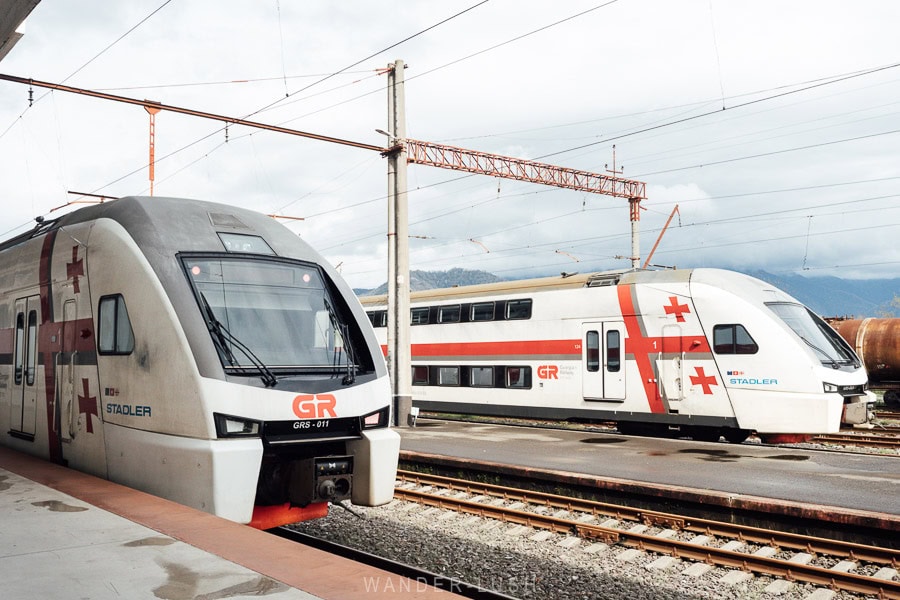 Two high-speed Stadler trains waiting to depart from Batumi train station.