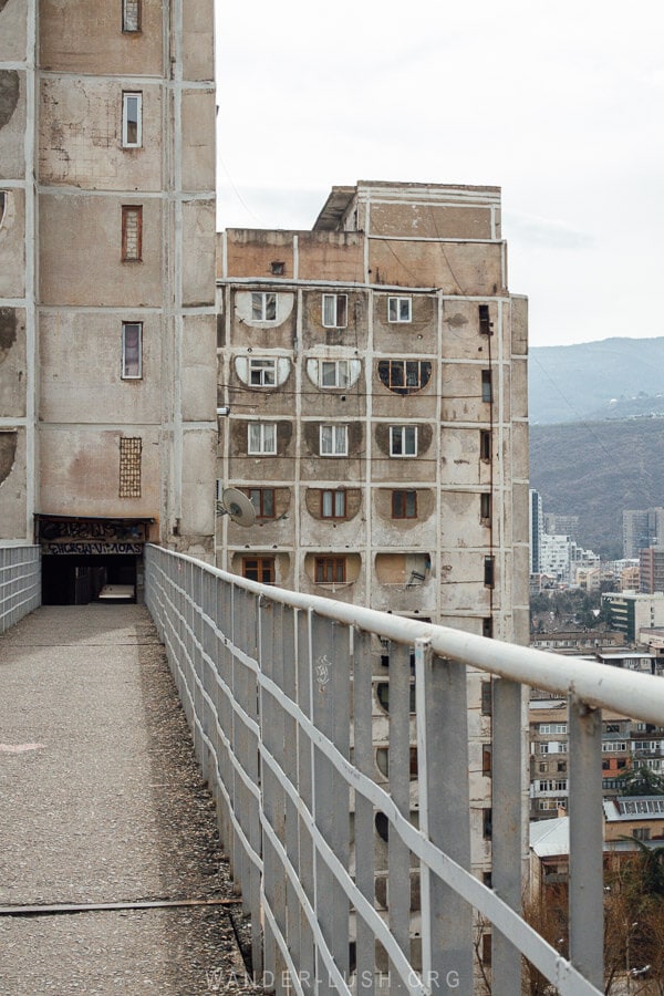 The Tbilisi Skybridge in Saburtalo, viewed while walking across the metal bridge.