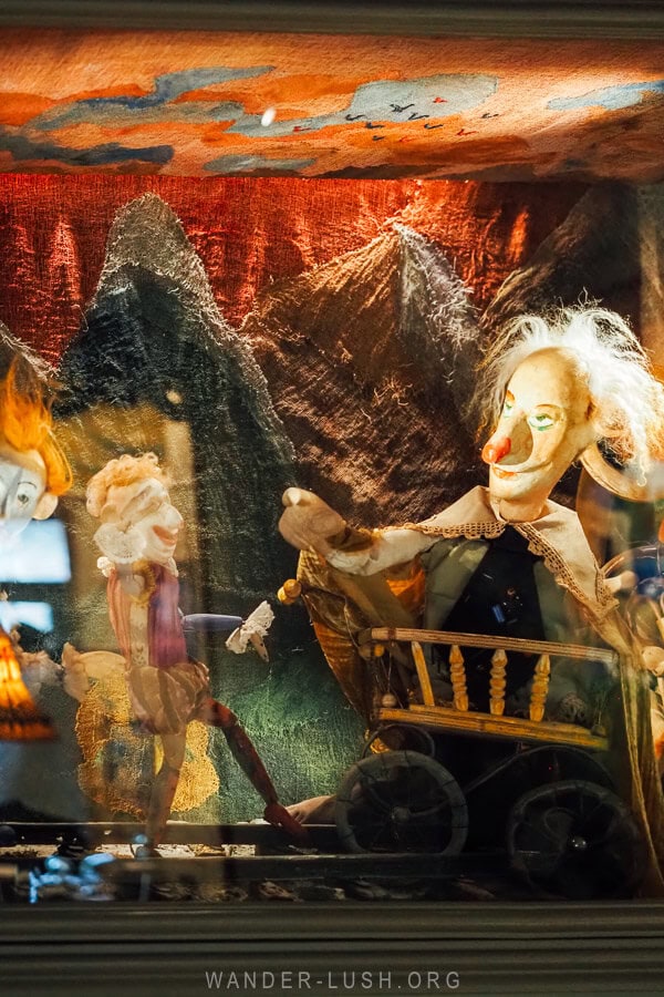 Marionette puppets displayed with stage sets at the Gabriadze Theatre complex in Tbilisi, Georgia.