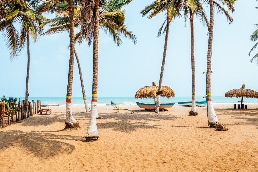 A sandy beach with palm trees and thatched umbrellas in Palomino, Colombia.