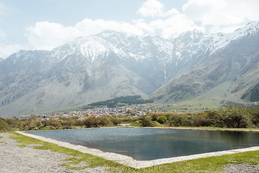Pansheti swimming pool, and open-air cold mineral water pool near Kazbegi in Georgia.