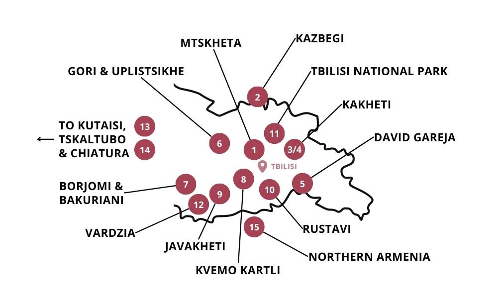 Map of day trips from Tbilisi, Georgia.