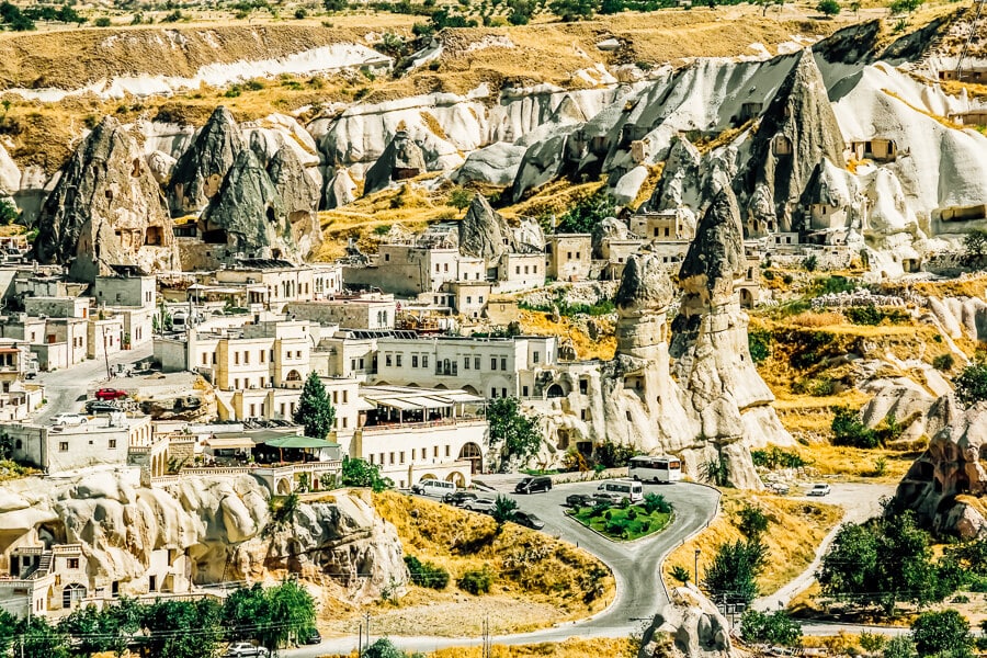 Aerial view of rock formations and houses in Goreme.