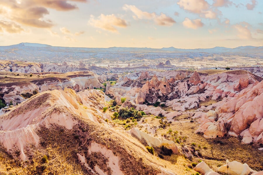 Colourful rock formations in Cappadocia's Pink Valley.