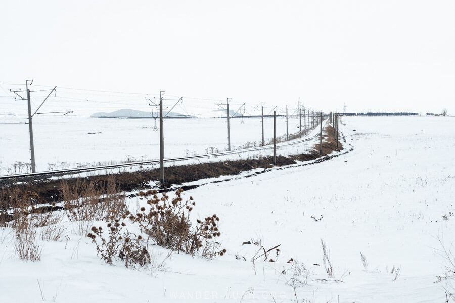 The BTAK railway line runs across Georgia's Javakheti Plateau in winter.