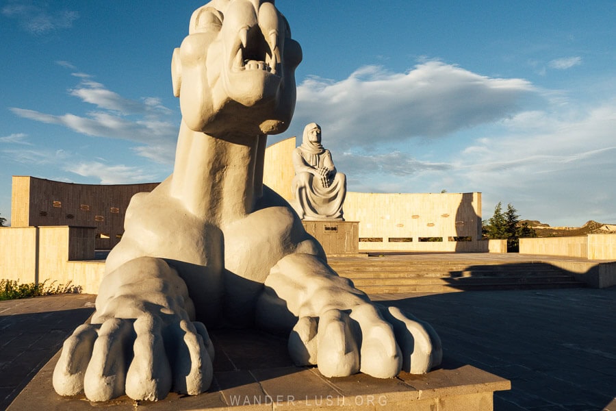 A lion sculpture as part of a massive WWII monument in Dedoplistskaro, Georgia.