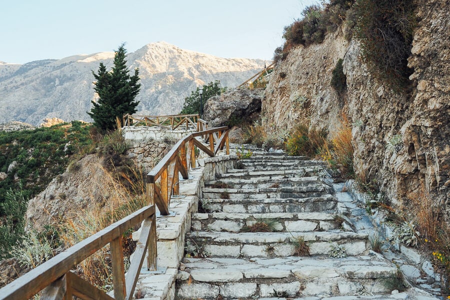 A stone staircase leads to St Mary Monastery in Dhermi on the Albanian coast.