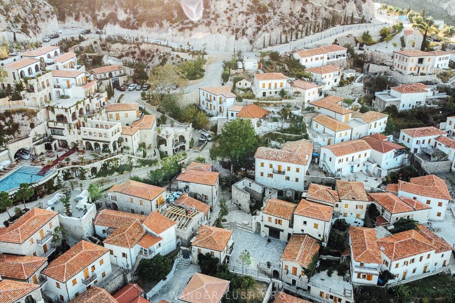Ann aerial view of white houses in Dhermi, Albania.
