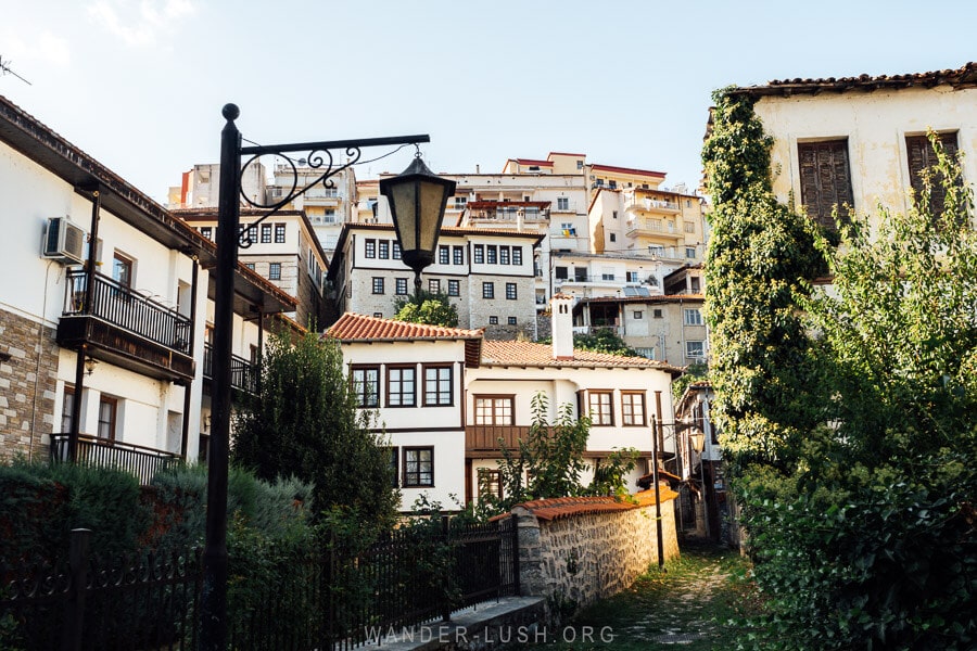 Ottoman architecture in Kastoria, viewed from the bottom of a historic cobbled street in the Doltso Quarter.