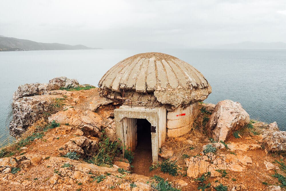 The Lin bunker, a domed concrete communist-era bunker on the tip of a peninsula overlooking Lake Ohrid in Albania.