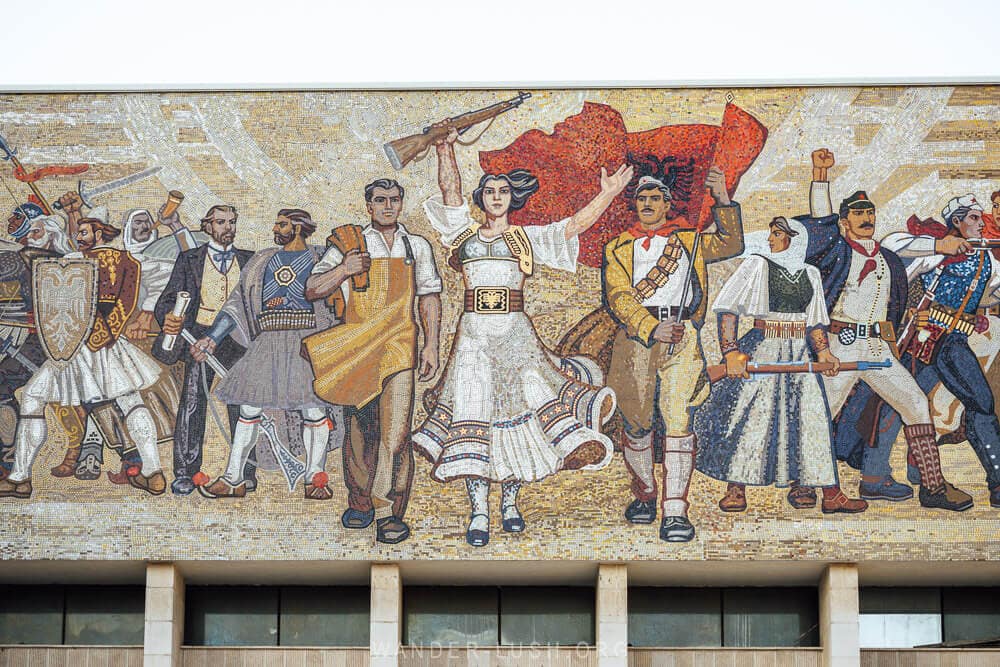 A giant mosaic in Tirana depicts different characters from the nation's history, led by a woman.