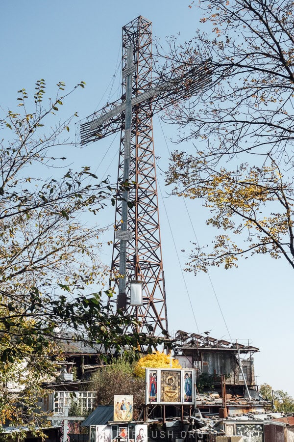A metal cross marks a shrine near Zedazeni in Georgia.