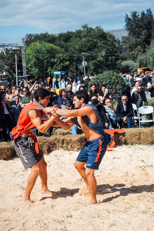 Two young men wrestling during the Tbilisoba festival in Georgia.
