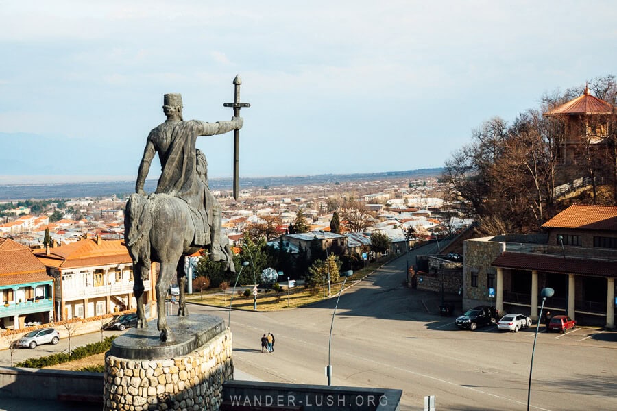 An equestrian statue overlooks the city of Telavi in Kakheti Wine Region.