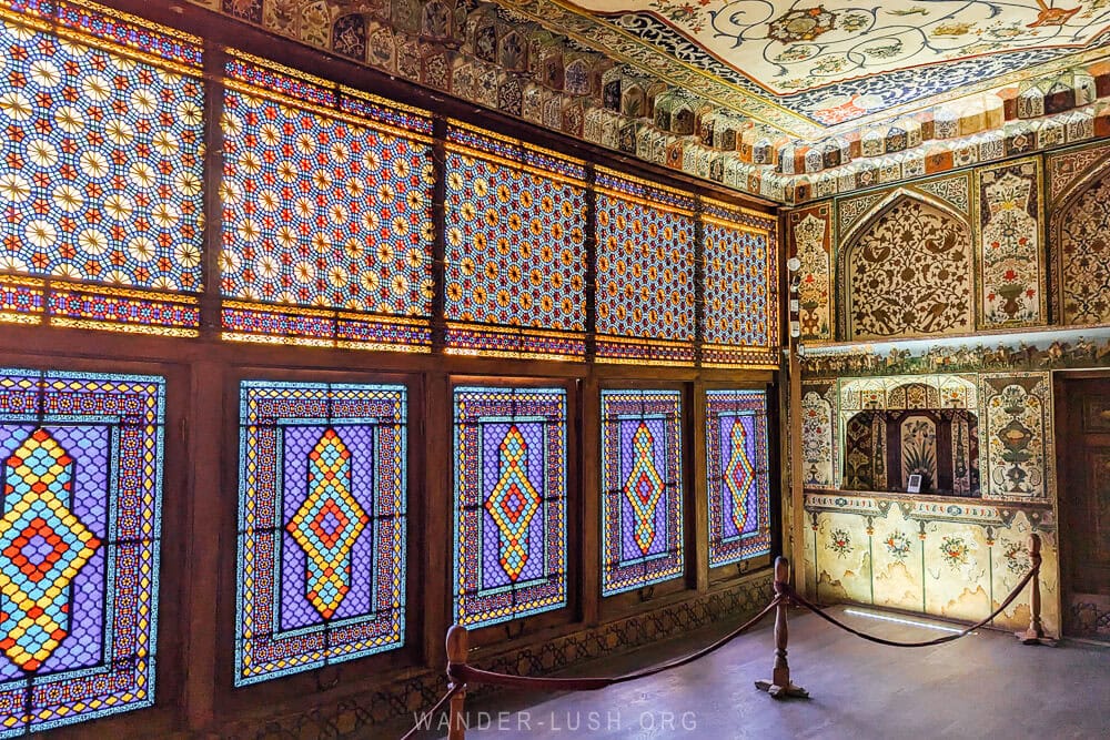 Coloured shebeki glass and miniature paintings decorate the interior of the Khan's Palace in Sheki, a must-see place in Azerbaijan.