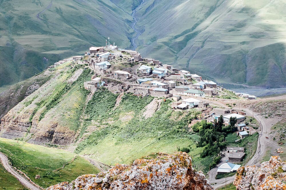 The remote UNESCO World Heritage village of Khinaliq, Azerbaijan, with houses on a peninsular that juts out into the Caucasus mountains.