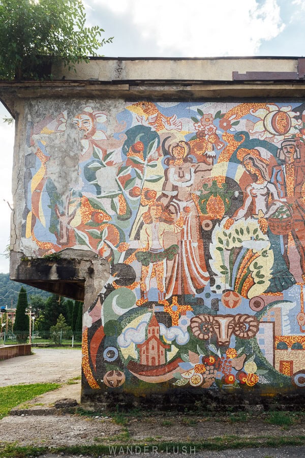 A creative Soviet-era mosaic in Lia on the road to Mestia in Georgia.