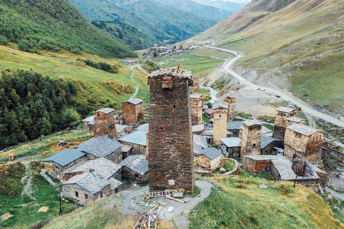 Stone defensive towers in the Enguri River Valley in Ushguli, Georgia.