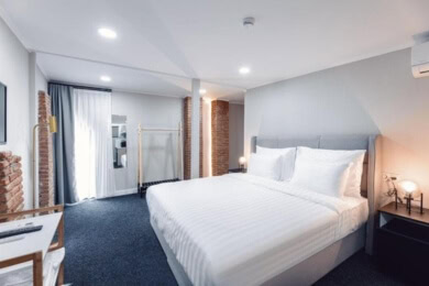 A neat and tidy hotel room at Salve, a boutique budget hotel in Tbilisi.