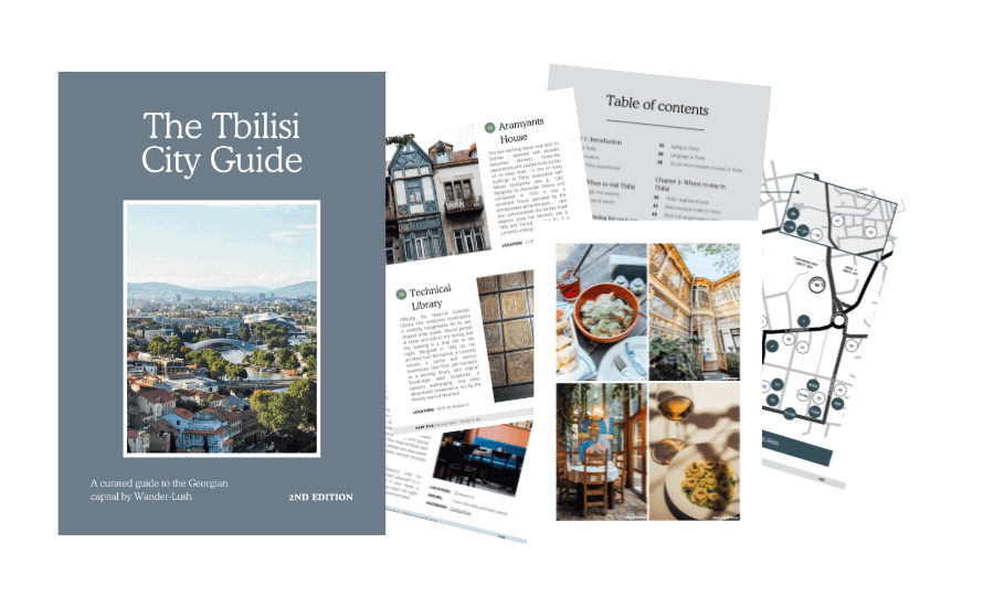 The Tbilisi City guide, a travel ebook about Tbilisi with a blue cover showing an image of the old town.