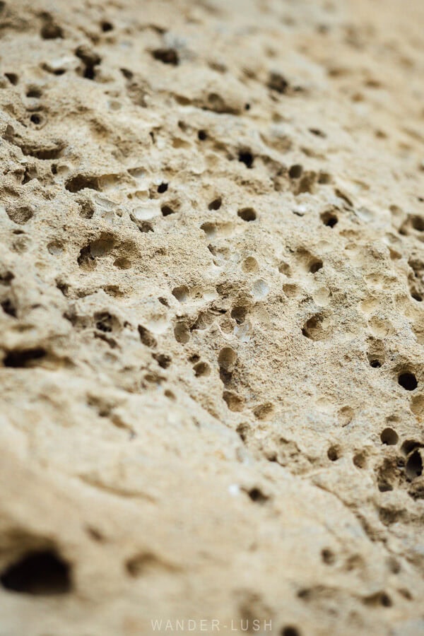 Close-up of pocked stone on a cliff outside Kaspi in Georgia.