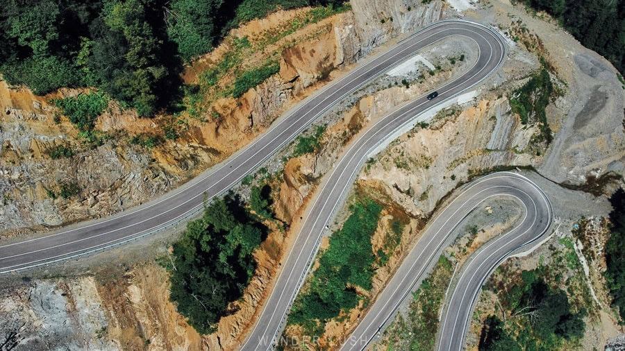 An aerial drone view of switchbacks on the new Baghdati Zekari Pass road in Georgia.