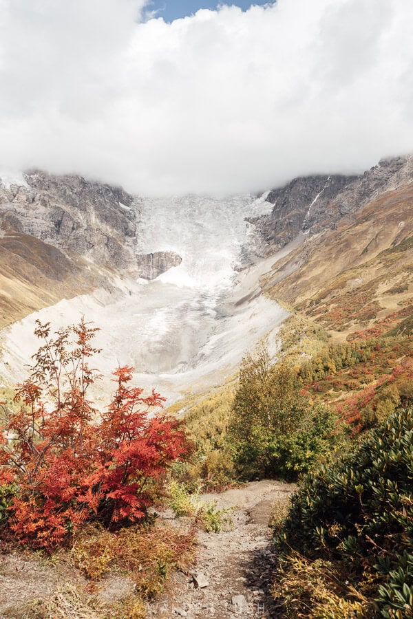 The Adishi Glacier, a mighty wall of ice fringed by autumn foliage in September in Georgia.