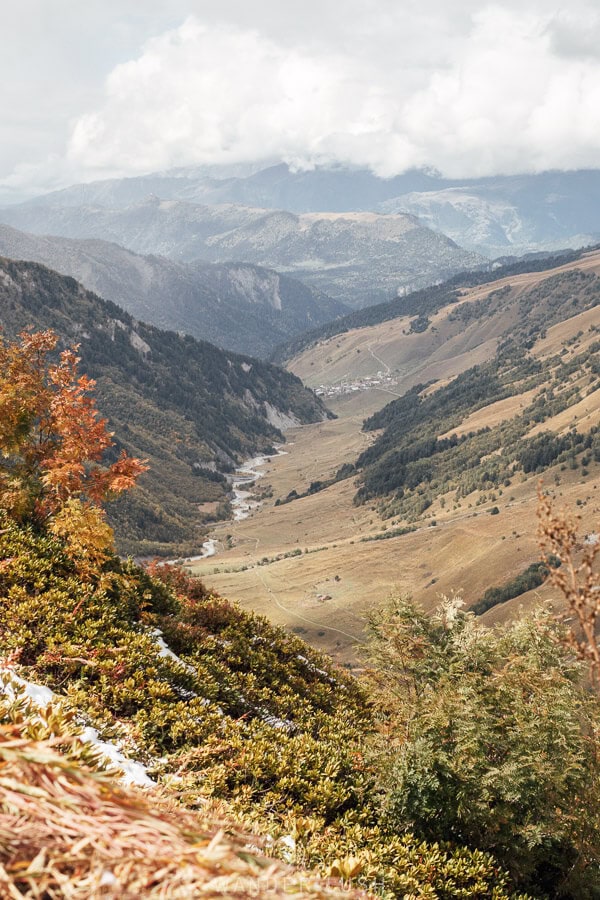 Looking down at Adishi and the river from the trail to the Chkhunderi Pass on the hike from Ushguli to Mestia.