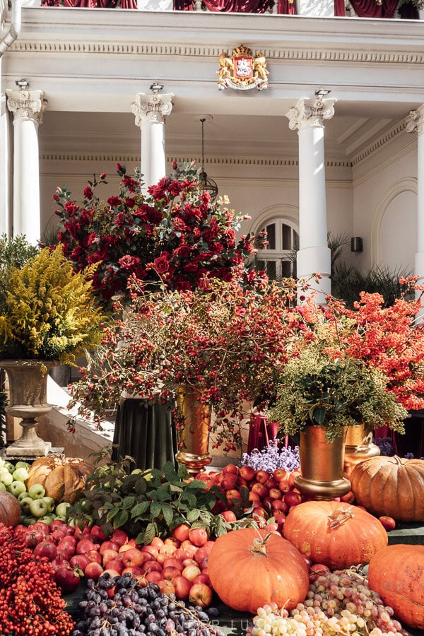 An arrangement of vegetables, fruit and flowers in front of the Presidential Palace on Orbeliani Square in Tbilisi.