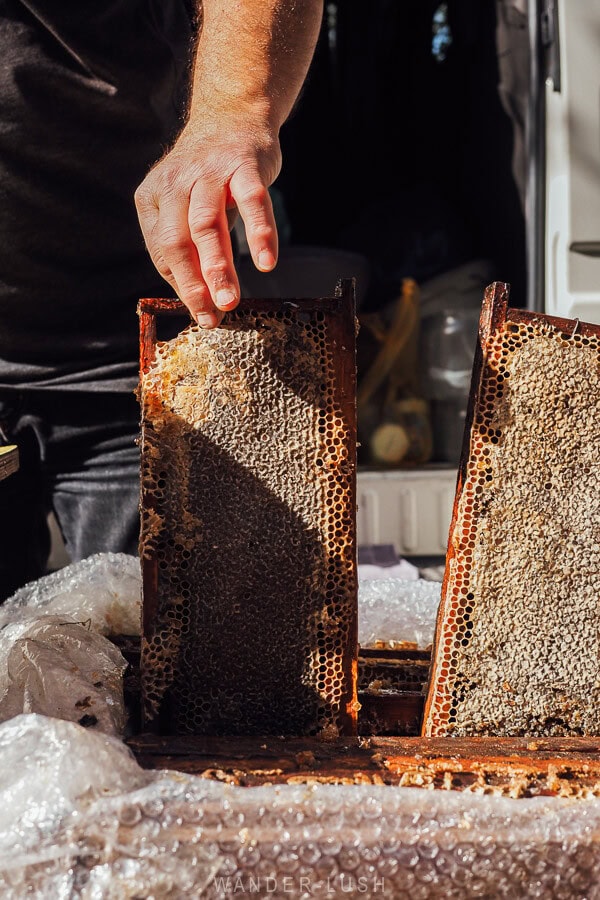 A man holds a wooden frame of honeycomb at his honey market stall during the Tbilisoba festival.
